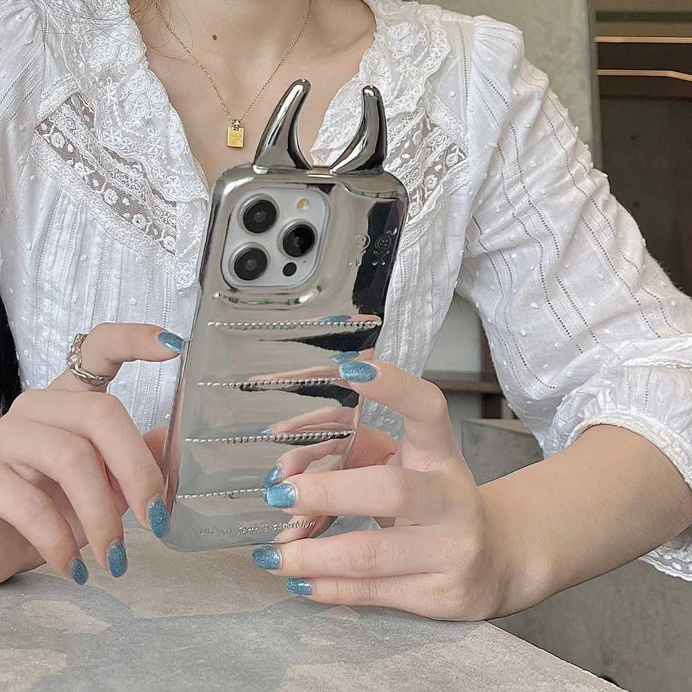 INS Fashion Cow Horns Glossy Phone Case For iphone 16 15 14 13 12 Pro Max Cover Luxury PU Leather Shockproof Case Z250122