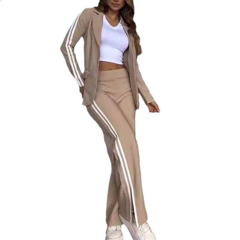 Elegant Office Lady Sets Long Sleeve Fashion Lapel No Buckle Blazer Striped Side Split Straight Pants Casual Two Piece 250114Z