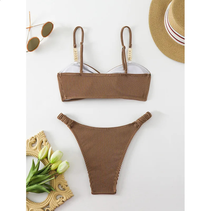 Sexy Micro Bikinis Sets Two Pieces Swimsuit Brown Swimwear Female Thong Brazilian Biquini Bandeau Ribbed Beach Wear Bathing Suit 250121