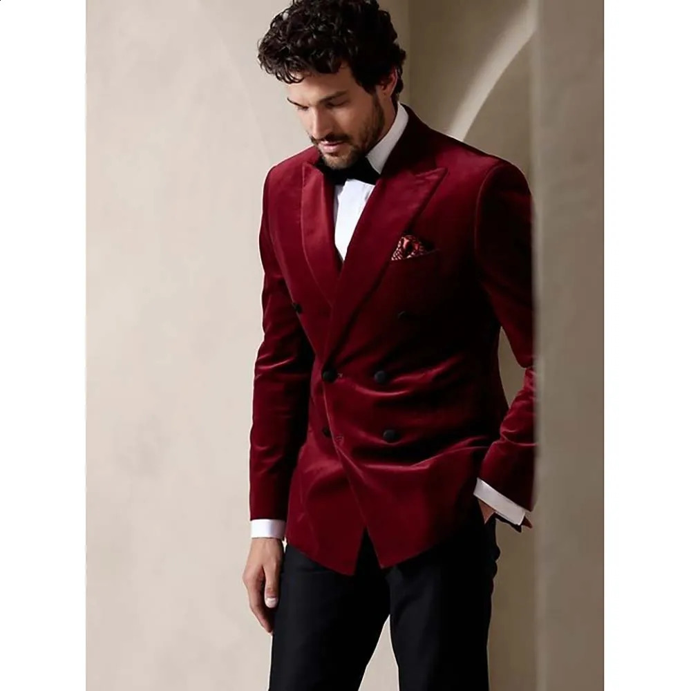 Red Velvet Double Breasted Men Suits High Quality Fashion 2 Piece Jacket Pants Elegant Groom 2025 Wedding Slim Fit Outfits 250121