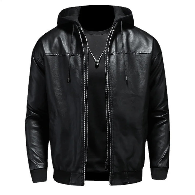 Leather Jacket Mens Autumn and Winter Casual Hooded Handsome Locomotive Clothes Cotton Thickened 250109Z