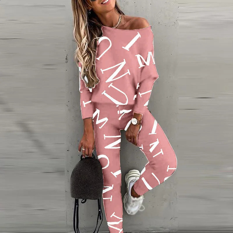 Women Sportswear Suit Autumn Fashion Letter Print Fit One Shoulder Long Sleeve Top High Waist Drawstring Pants Set 250114Z