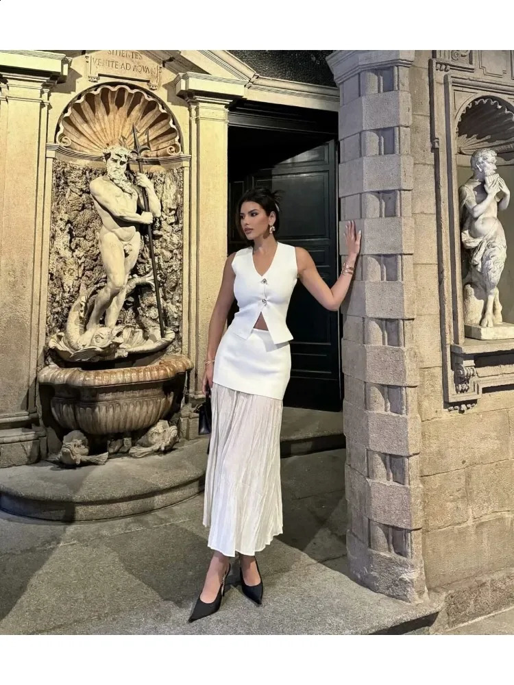 TRAF Women Knitted Sets Loose Skirt Set 2 Pieces Summer Button V-neck Vest Top Ankle-Length Skirt Lady Street Outfit 250109