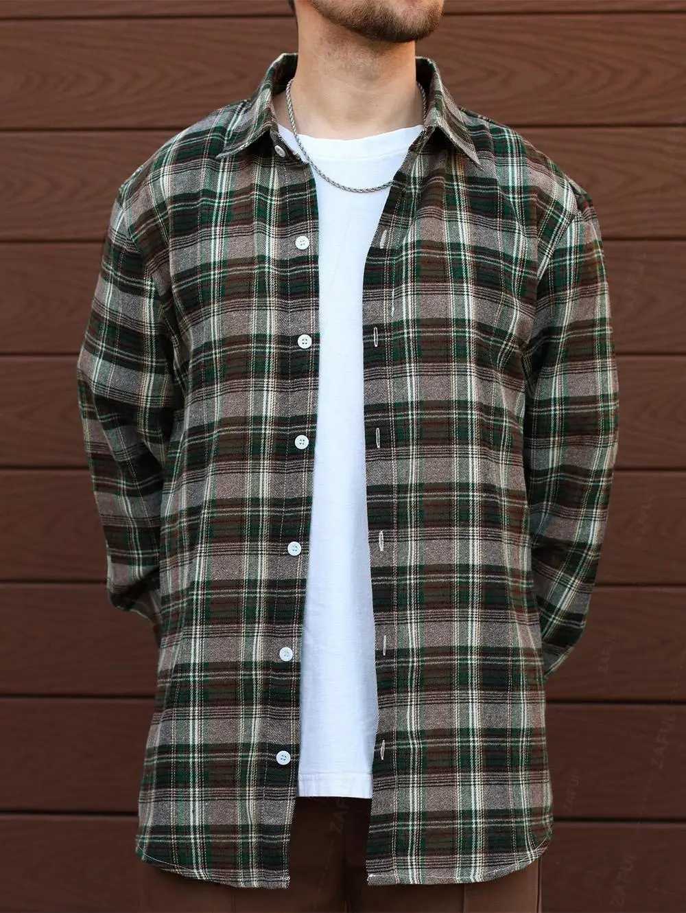 High Quality ZAFUL mens casual lapel plaid long sleeved flannel shirt T250121