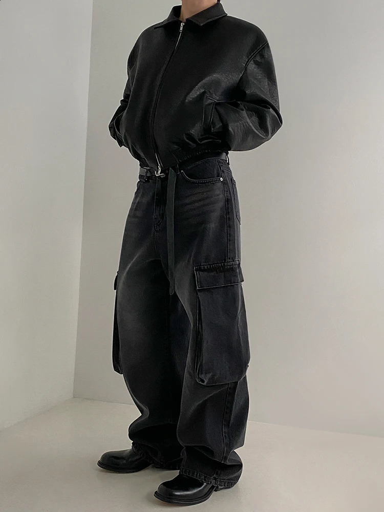 SYUHGFA Men PU Leather Jackets High Street Turn-down Collar Zipper Pockets Solid Color Male Short Coat Spring Chic 250109