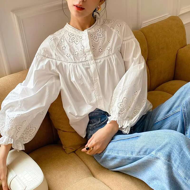 Canwedance White Blouses Lantern Sleeve Embroidery Cotton Top Femme Vintage Hollow Out Chic Shirts Boho Blusas Mujer