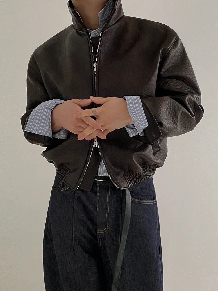 SYUHGFA Men PU Leather Jackets High Street Turn-down Collar Zipper Pockets Solid Color Male Short Coat Spring Chic 250109