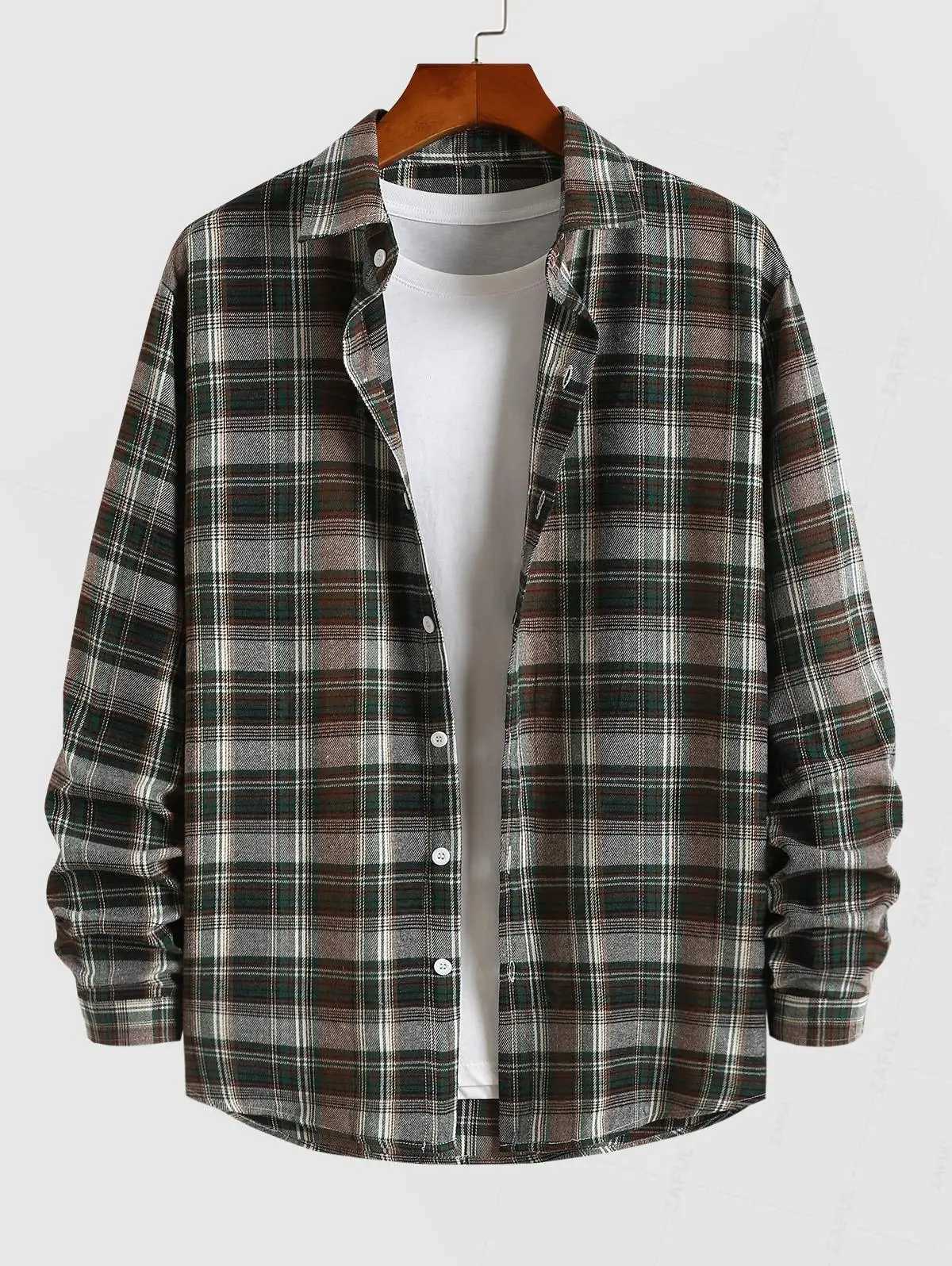 High Quality ZAFUL mens casual lapel plaid long sleeved flannel shirt T250121