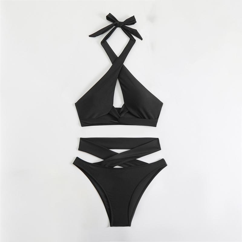 Sexy Criss Cross Bikini Set 2025 Women Bandage Halter Neck Bikinis Swimwear Brazilian Biquini Summer Push Up Beach Hollow Out High Waist Swimsuit Blue