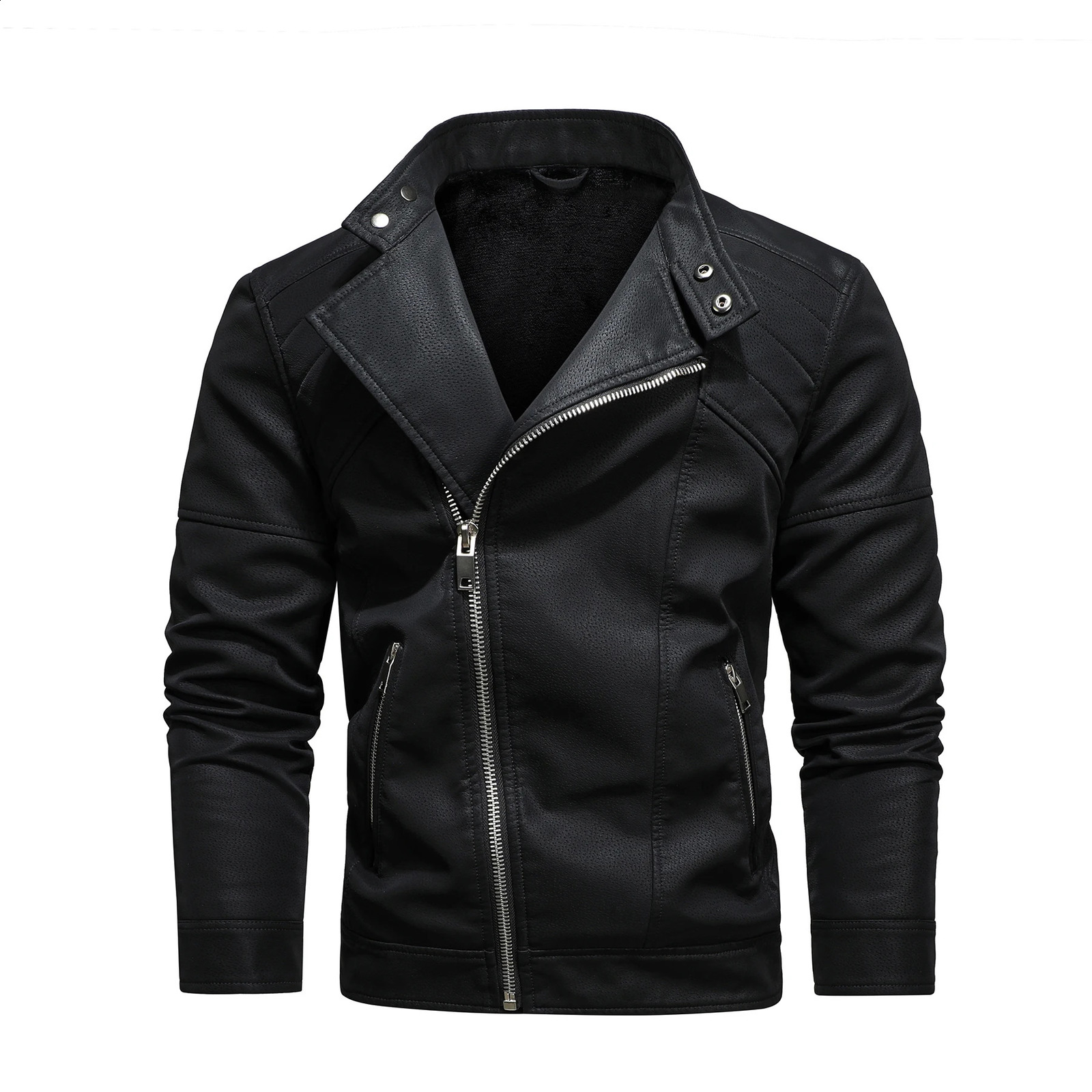 Mens PU leather jacket with fleece large lapel diagonal front zip autumn and winter stand-up collar jacket 250120