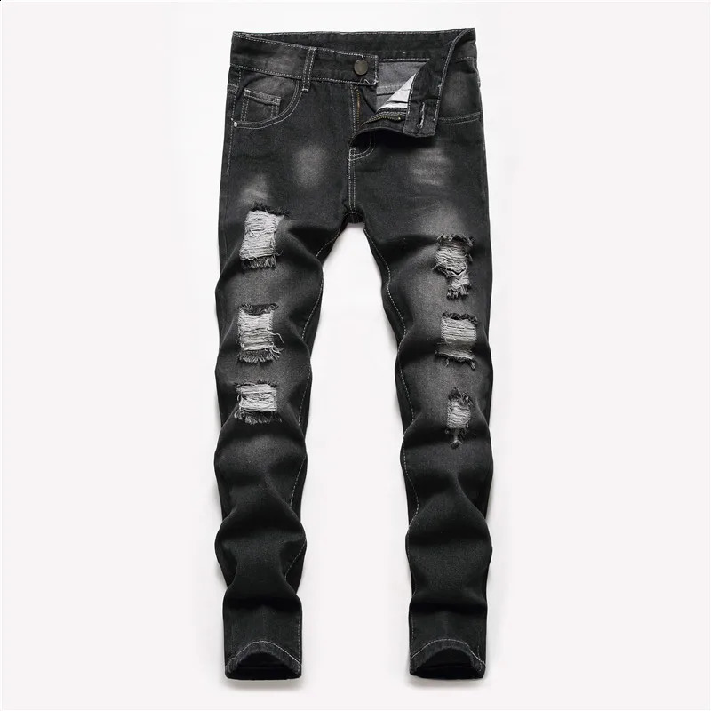 Boys Straight-leg Ripped Jeans Children Washed Distressed Stretch Denim Trousers Big Kids Casual Pants 5-16y 250110