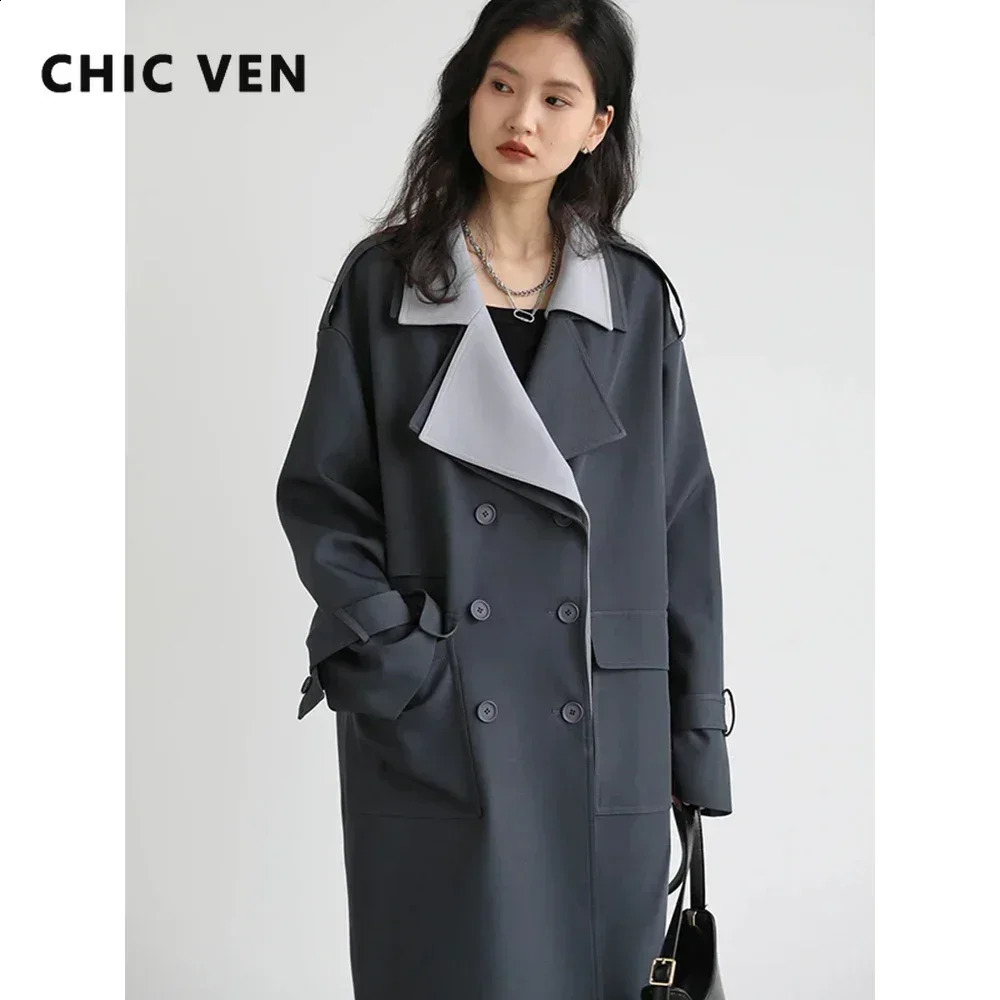 CHIC VEN Womens Trench Coat Solid Loose Contrast Double Collar Double Chest Long Womens Windproof Office Womens Spring and Autumn 250118