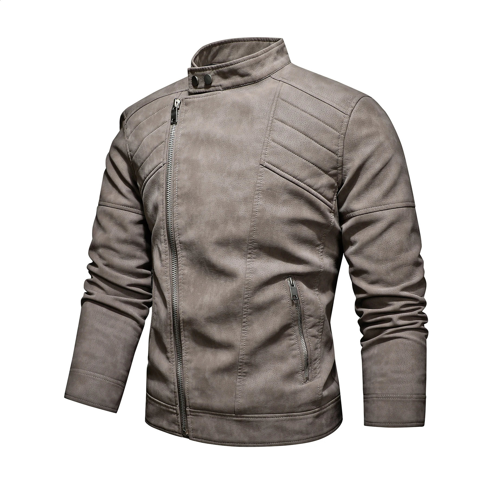 Mens PU leather jacket with fleece large lapel diagonal front zip autumn and winter stand-up collar jacket 250120