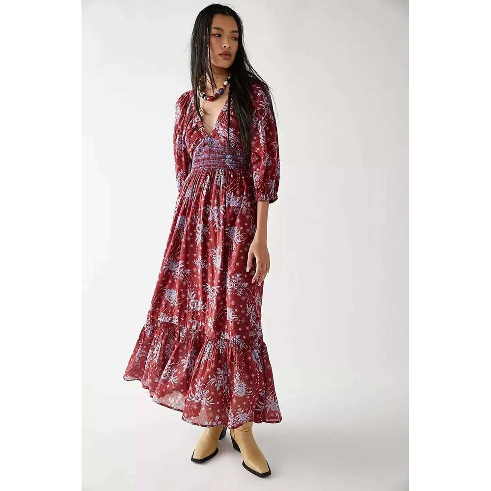 Canwedance Boho Printing Maxi Deep Chic Dress Free Style V Neck Stretch Waist Vacation People Vestidos Hippie Robes