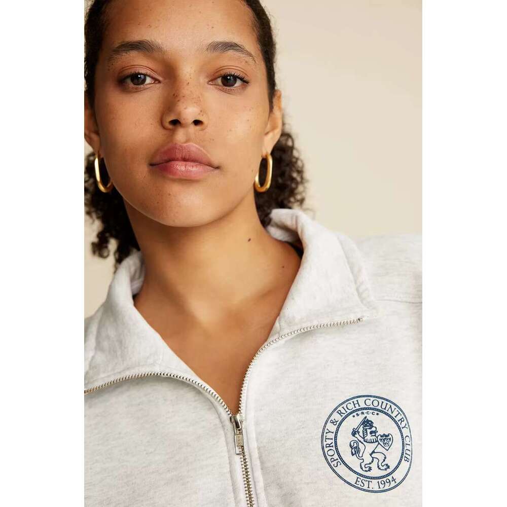 New North American Niche Sporty&Rich Zipper Semi High Neck Lion Letter Printed Fleece Sweatshirt
