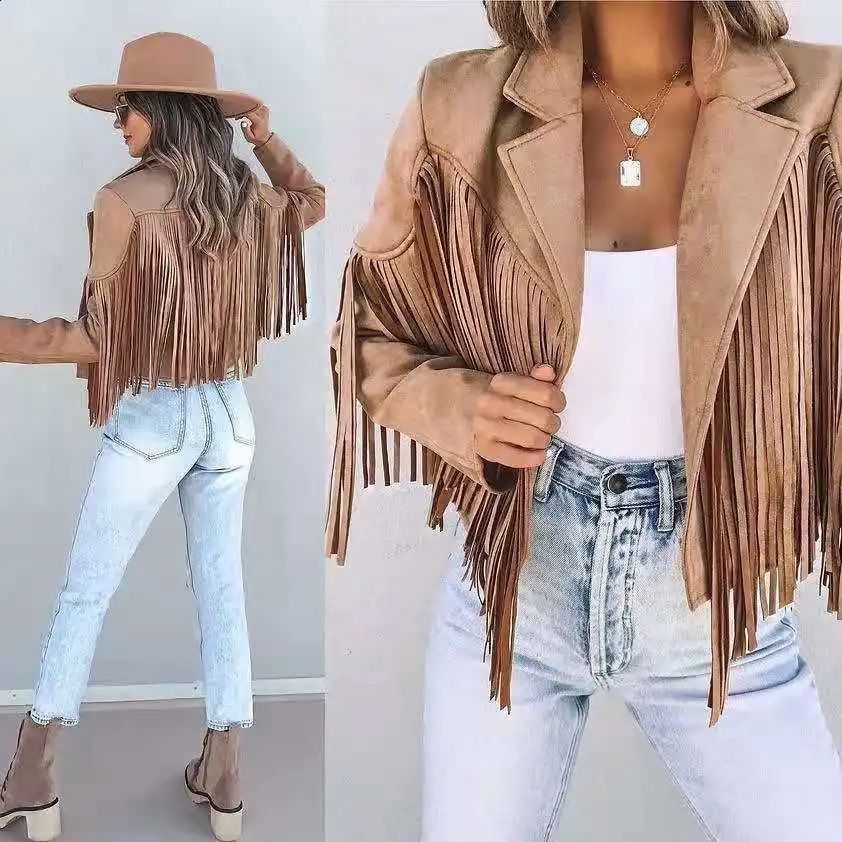 Women Y2k Fringed Hem Tassel Cardigan Crop Tops E-girl Motor Biker Jacket Suede Leather Jacket 90s Vintage Streetwear Coat Cool 250118