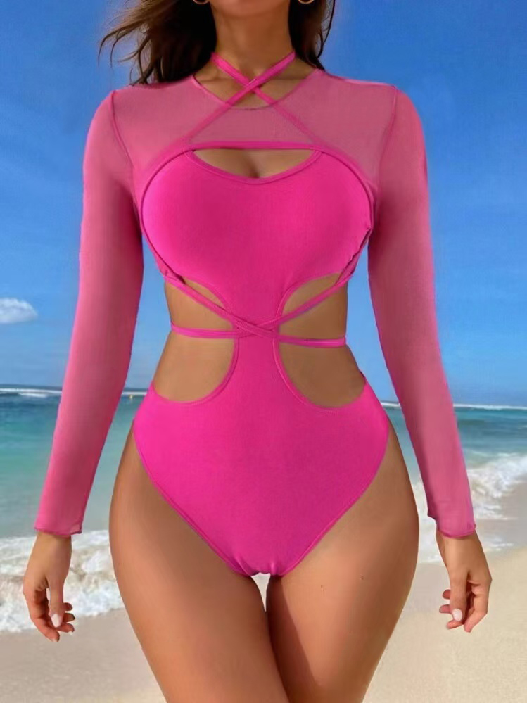 Sexy Monokini Two Piece Swimsuit Women Mesh Long Sleeve Cove-Ups Hollow Out Backless Swimwea Halte Neck Bathing Suit Summe 2025 Beachwea Hot Gil Beach
