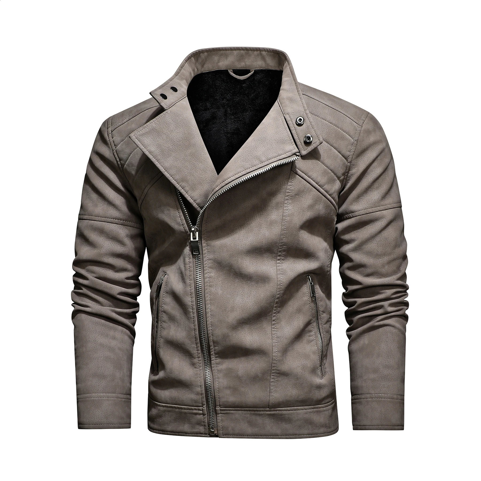 Mens PU leather jacket with fleece large lapel diagonal front zip autumn and winter stand-up collar jacket 250120
