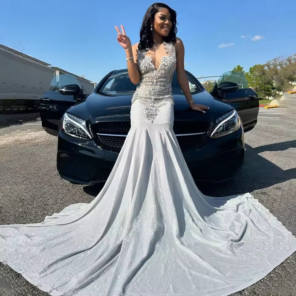 Glitter 2025 Sier Mermaid Long Prom Dresses For Black Girls Crystal Beading Evening Party Gown Formal Vestidos De Gala 0220