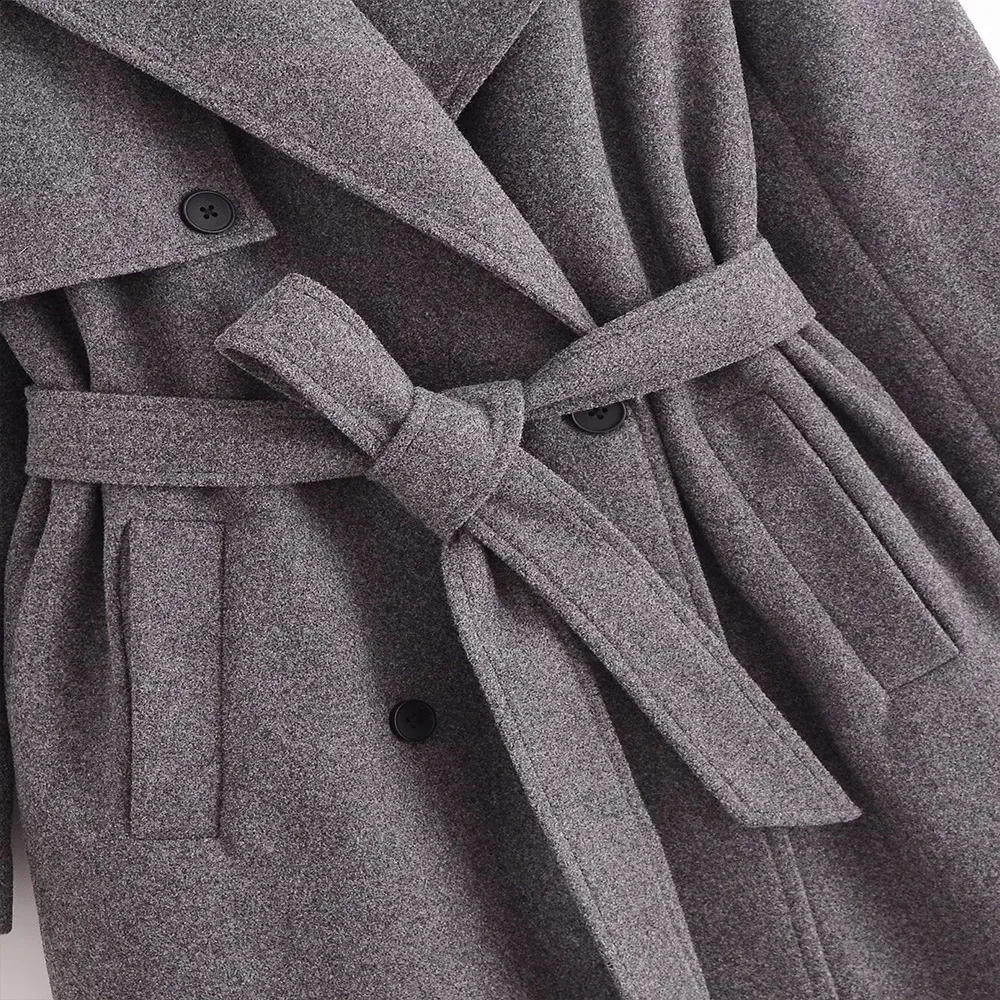 Elegant Grey Color Big Turn Down Collar Double Breasted Long Sleeves Pocket Belt Desing Women Loose Classic Coat ZATAF 250110Z