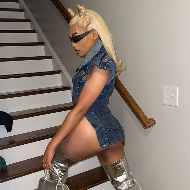 Night Club Denim Outfits Sexy Women Two Pieces Elegant Jeans Party Matching Set Top+Mini Skirt