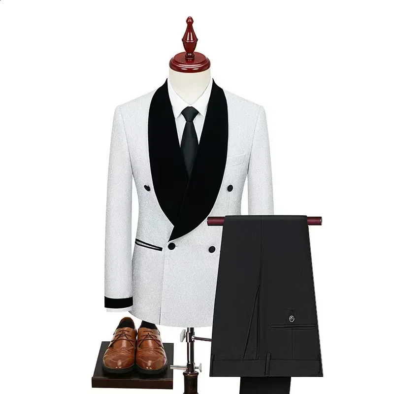 Stylish Suits for Men Shiny Yarn Coat Single Blazer or 2 Pieces Blazer and Pants Set Shawl Lapel Stage Costume Banquet Ceremony 250120