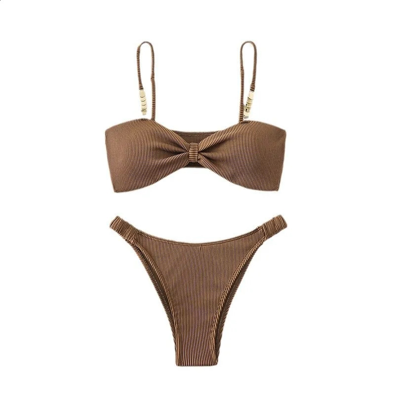 Sexy Micro Bikinis Sets Two Pieces Swimsuit Brown Swimwear Female Thong Brazilian Biquini Bandeau Ribbed Beach Wear Bathing Suit 250121