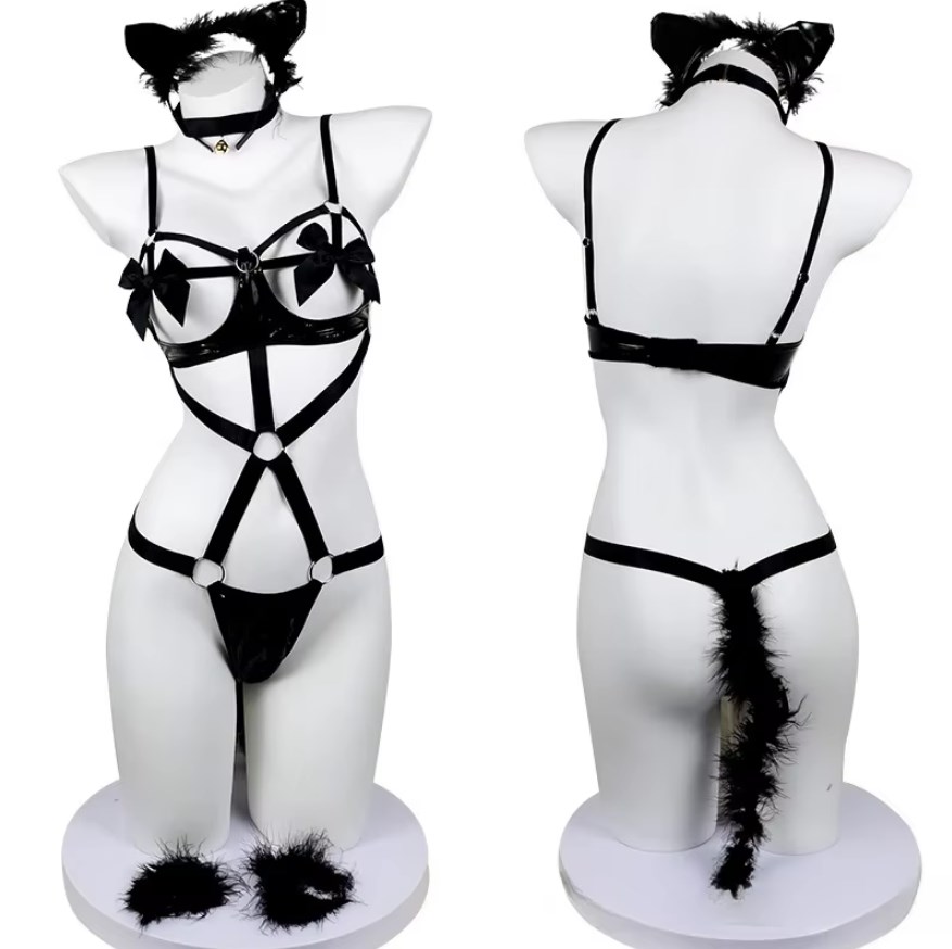 Women's Leather Sleepwear with Removable Garter - Passionate No-Take Off Lingerie Set for Intimate Moments