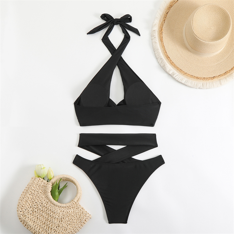 Sexy Criss Cross Bikini Set 2025 Women Bandage Halter Neck Bikinis Swimwear Brazilian Biquini Summer Push Up Beach Hollow Out High Waist Swimsuit Blue