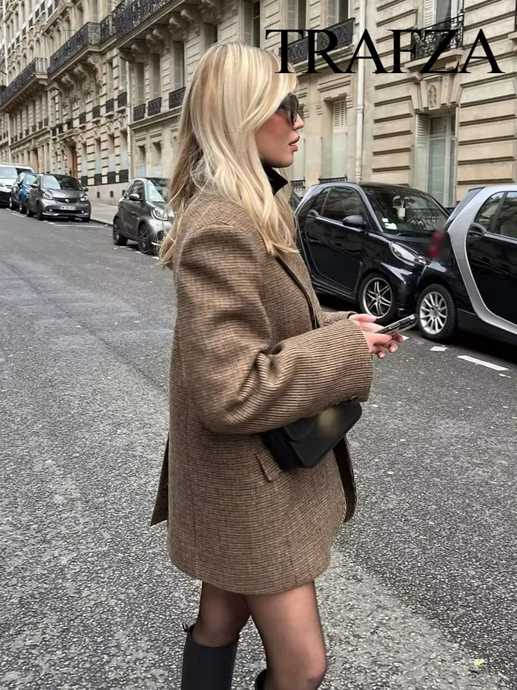 TRAFZA Womens Autumn Fashion Slim Fit Blazer Retro Houndstooth V-neck Pocket Decorated Womens Commuting Blazer Streetwear 250109