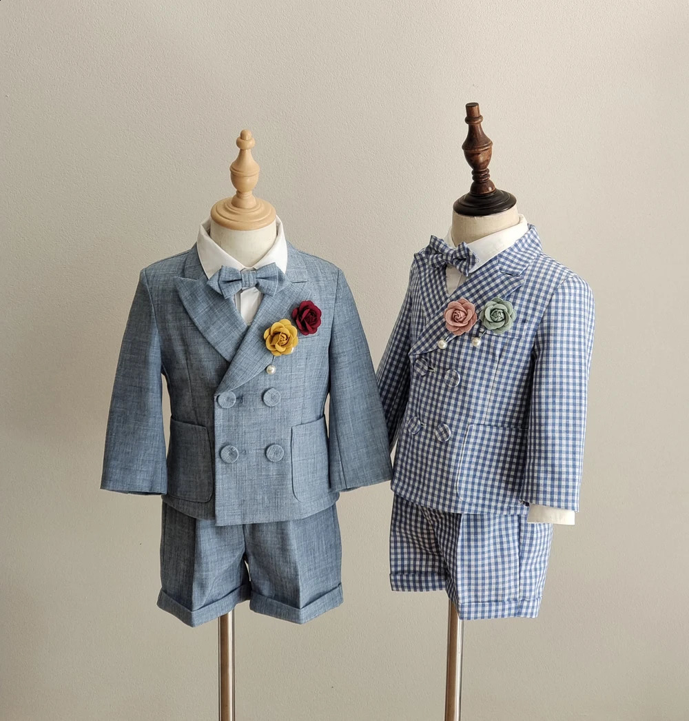 Boys Suit for Weddings Party Summer Autumn Gentleman Plaid Birthday Blazer Set Baby 1 To 4 Y Kids pograph Costumes 250120