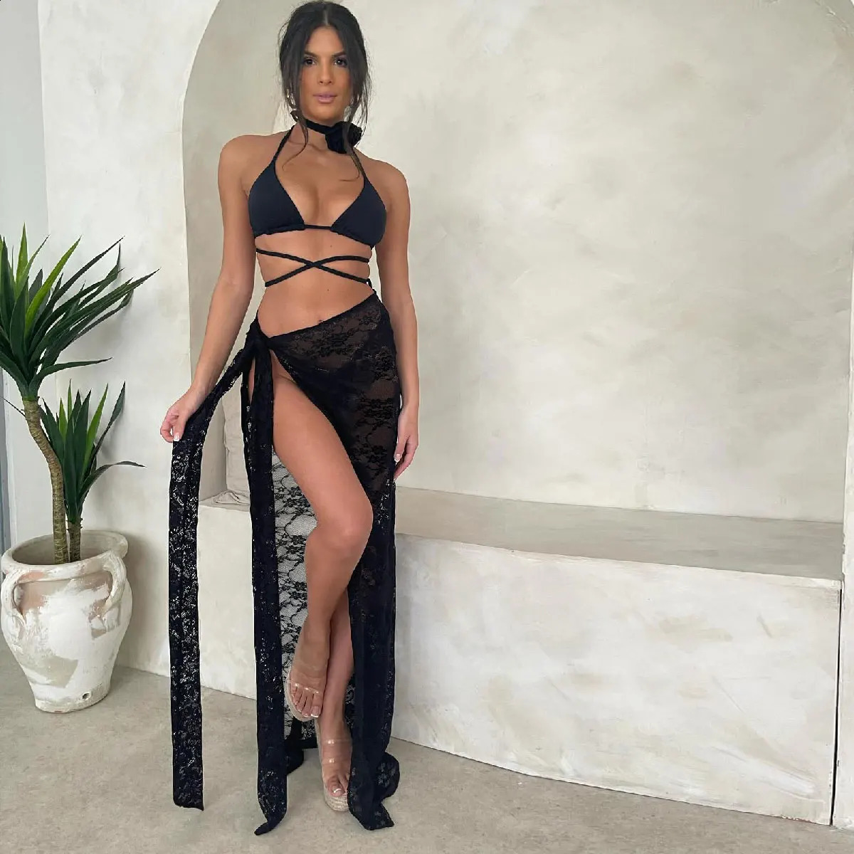 3Packs Flower Bikini With Beach Skirt Lace Up Swimsuit Women Sexy Swimwear Female Crochet Dress Bathing Suits Sarongs Biquini 250121