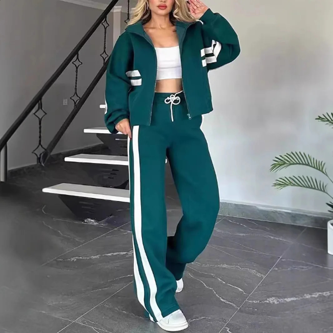 Two Piece Set Women Fashion Striped Print Lapel Zipper Coat High Waist Pants Outfit Autumn Winter Long Sleeve Suit Tracksuit 250120wtt