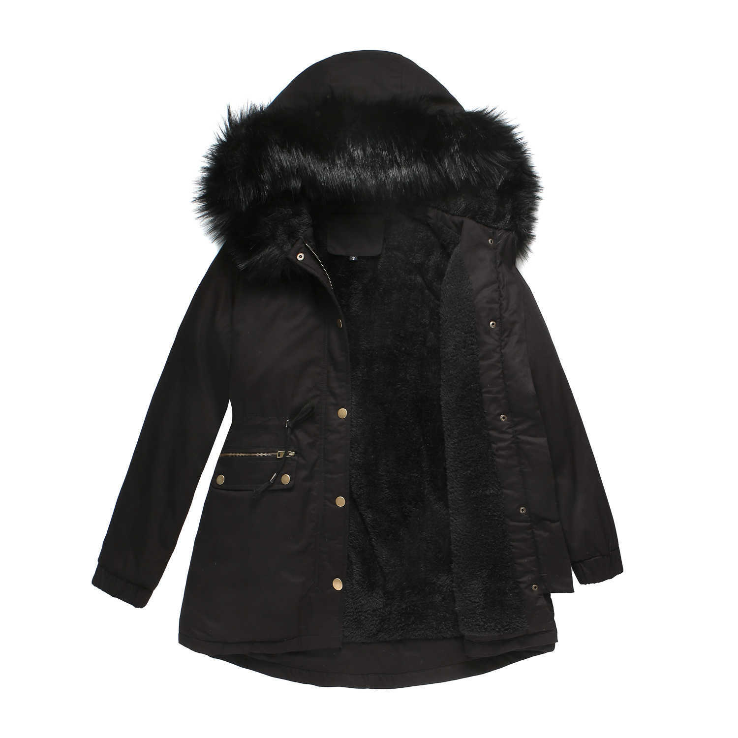 Autumn Winter New Style WoMens Plush Cotton Clothes WoMens Fur Collar Hooded Warm Coat European Loose Cotton Clothes Womens Long Trench Coat Womens Ja