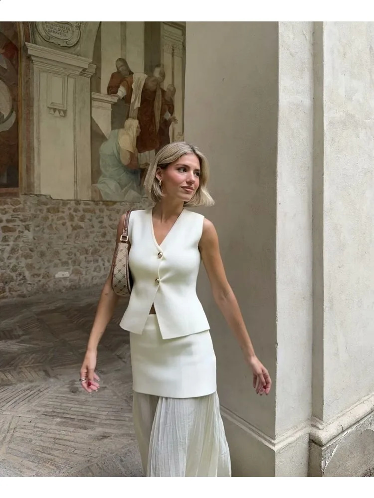 TRAF Women Knitted Sets Loose Skirt Set 2 Pieces Summer Button V-neck Vest Top Ankle-Length Skirt Lady Street Outfit 250109