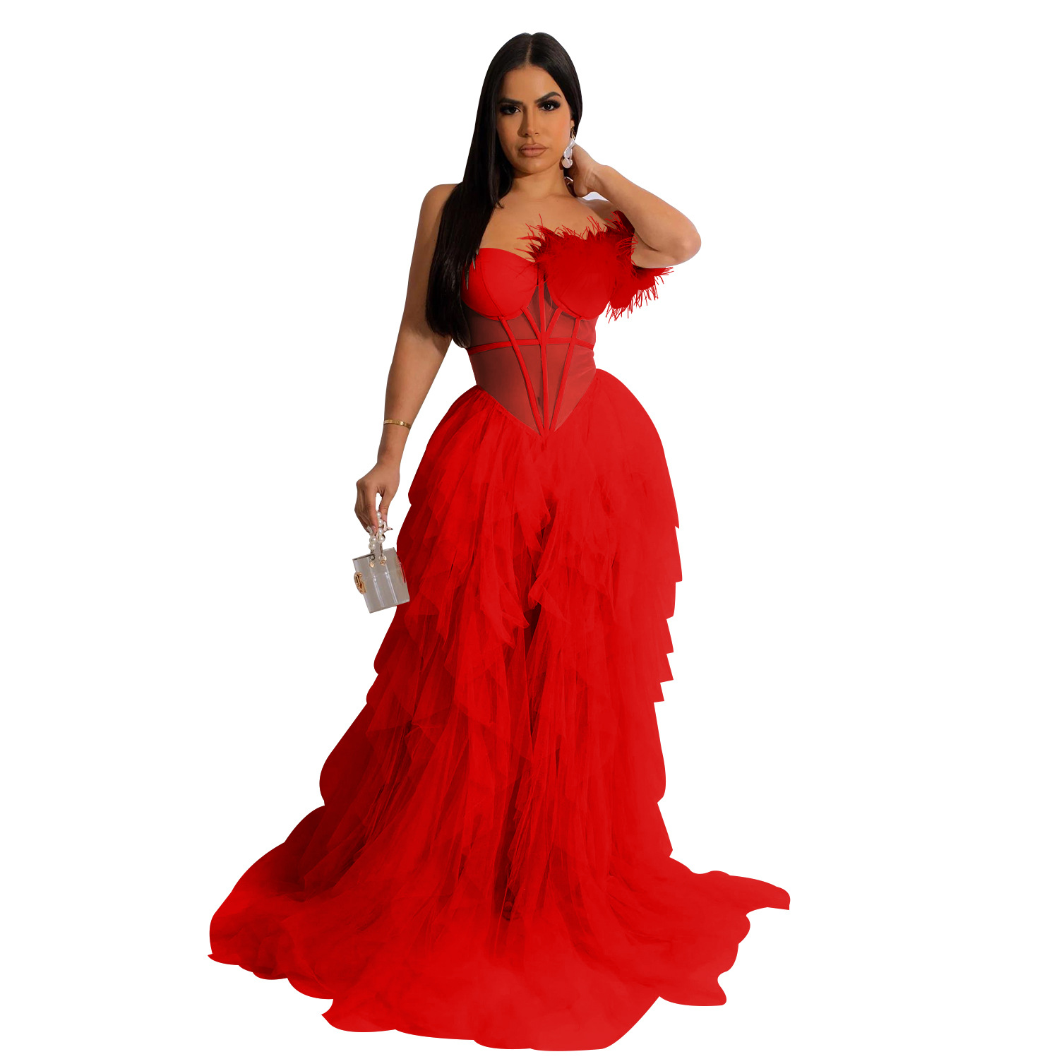 Casual Dresses Sleeveless Wrapped Chest Mesh Dress With Open Back Fishbone Perspective Long Dress Black White Red Light Pink Women