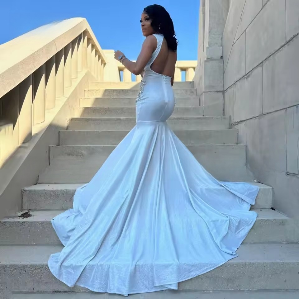 Glitter 2025 Sier Mermaid Long Prom Dresses For Black Girls Crystal Beading Evening Party Gown Formal Vestidos De Gala 0220