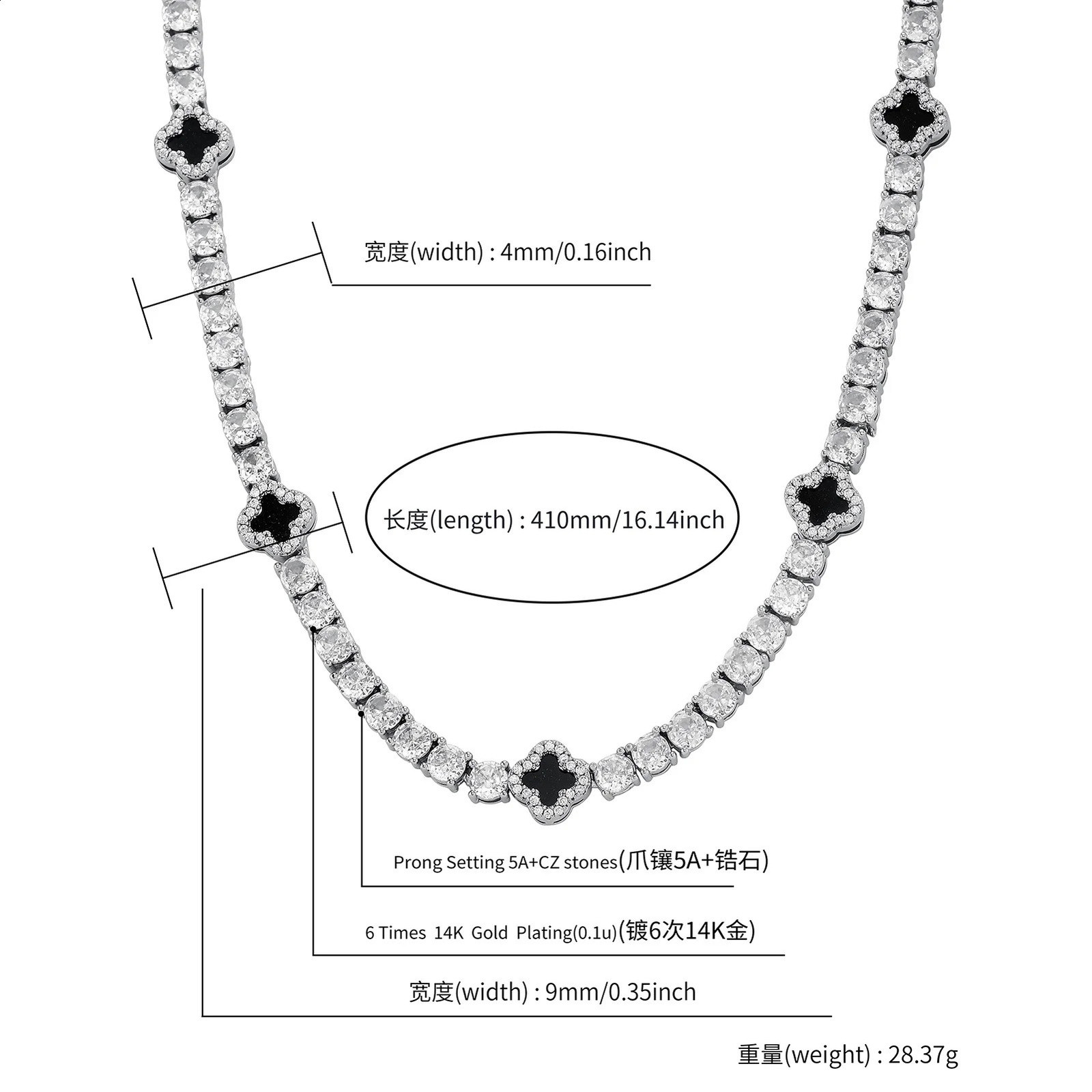 JINAO Hip Hop Four Leaf Clover Full Ice Fashion 4mm Tennis Chain Necklace and Bracelet Set Womens Charm Jewelry 250116