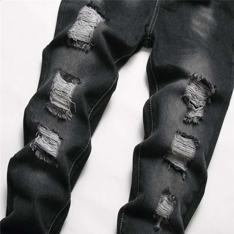 Boys Straight-leg Ripped Jeans Children Washed Distressed Stretch Denim Trousers Big Kids Casual Pants 5-16y 250110