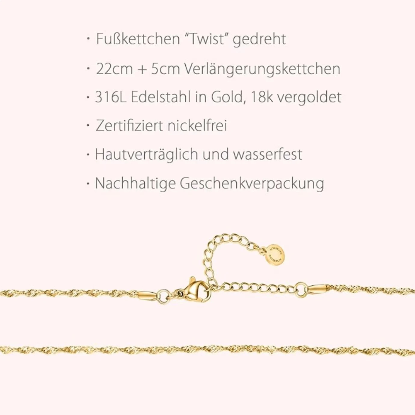 Womens twisted anklet fashionable casual wave chain variable length 316L stainless steel 225cm nickelfree waterproof 250114