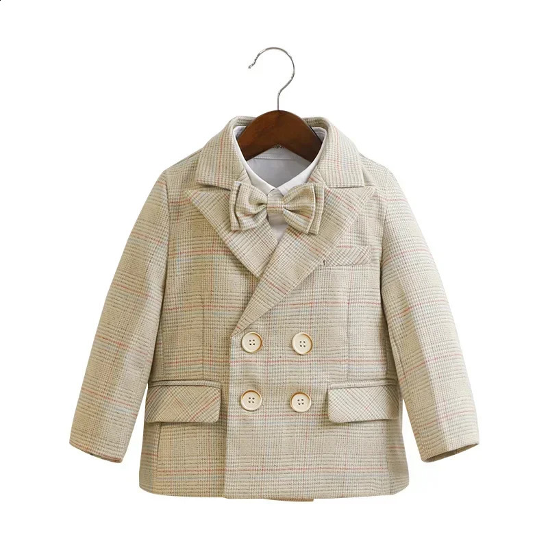 Kids Wedding Suit 8 To 12 Y Boys Autumn Clothes Fashion Double-breasted Plaid Blazer Set Formal Child Piano Performance Costume 250120