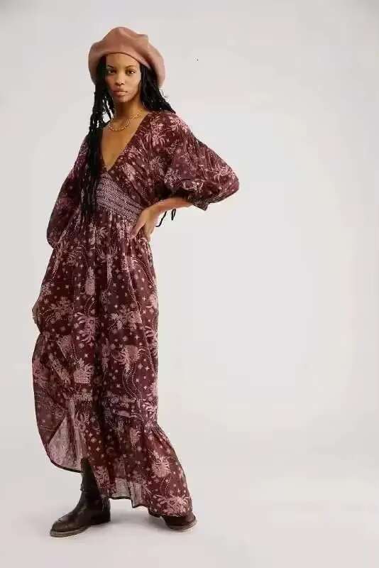 Canwedance Boho Printing Maxi Deep Chic Dress Free Style V Neck Stretch Waist Vacation People Vestidos Hippie Robes