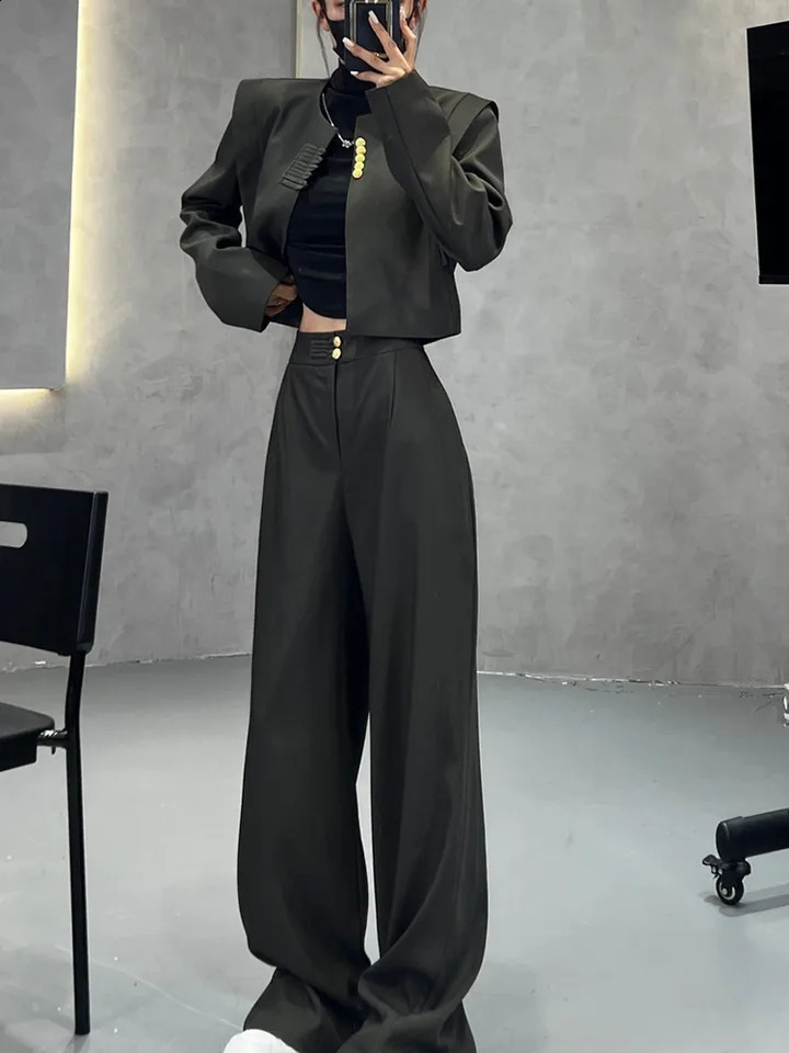 Womans Autumnwinter Chinese Short Blazer Coat Wideleg Pants Suit Retro Casual Buckle Round Neck Twopiece Set 250114Z