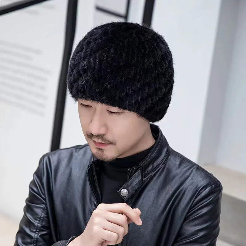 Winter Men Mink Fur Hats Natural Real Fur Knitted Cap Fashionable Fluffy Grandfather Genuine Fur Beanie Female Black Fur Caps 250120ww