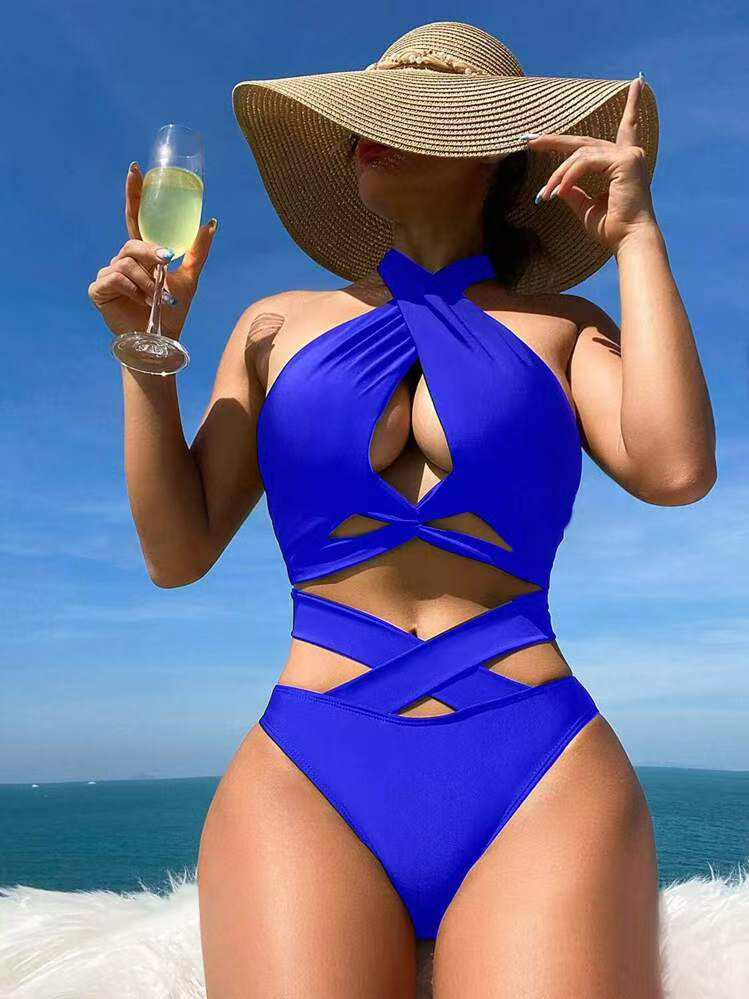 Sexy Criss Cross Bikini Set 2025 Women Bandage Halter Neck Bikinis Swimwear Brazilian Biquini Summer Push Up Beach Hollow Out High Waist Swimsuit Blue