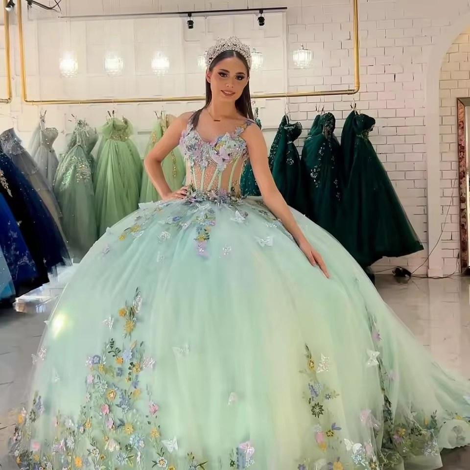 Mint Green Lace Quinceanera Dress With Appliques, Sleeveless, Ruched, Vestido De 15, 2024, Customized