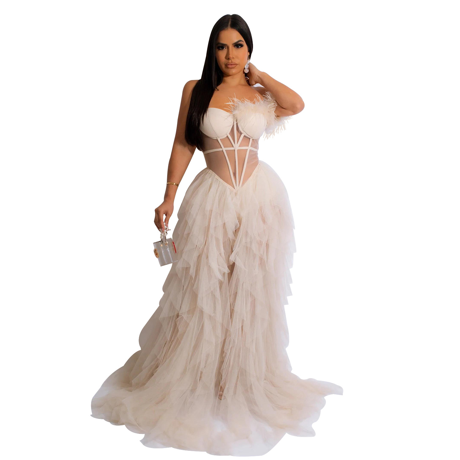 Casual Dresses Sleeveless Wrapped Chest Mesh Dress With Open Back Fishbone Perspective Long Dress Black White Red Light Pink Women