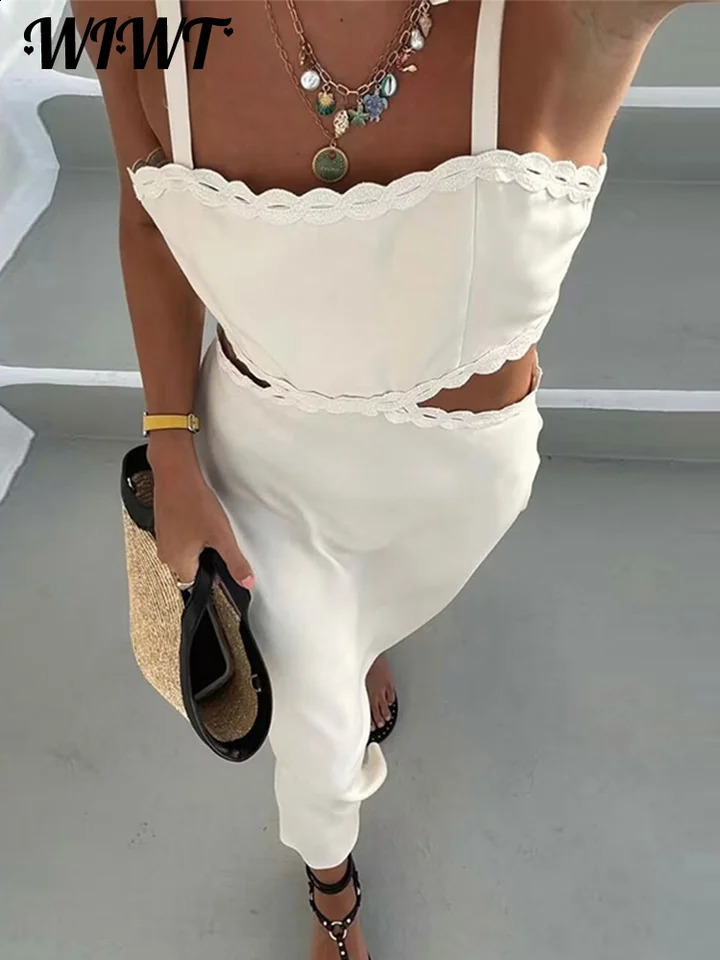 Slim Out Sling Midi Dres Sexy Pieghe Square Sleeveless Abiti Aline 2024 Summer Ladies Vestidos 250121-image