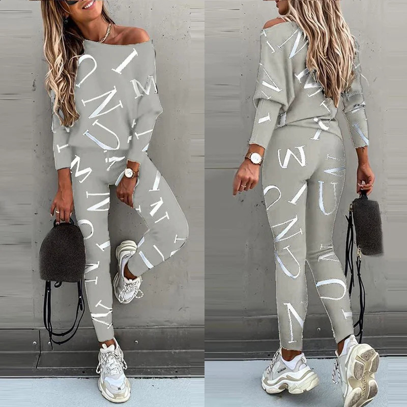 Women Sportswear Suit Autumn Fashion Letter Print Fit One Shoulder Long Sleeve Top High Waist Drawstring Pants Set 250114Z