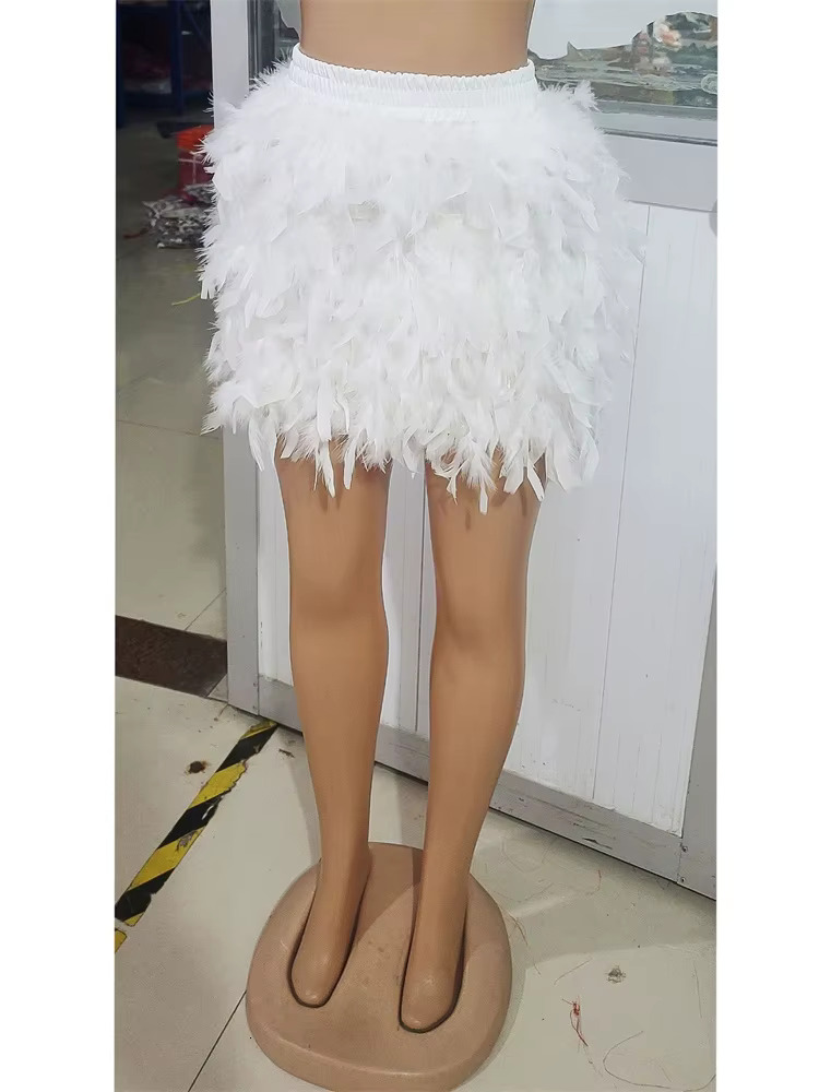 Spring Fashion Women High Waist Feather Streetwear Party Mini Green White Casual Rosered Skirts